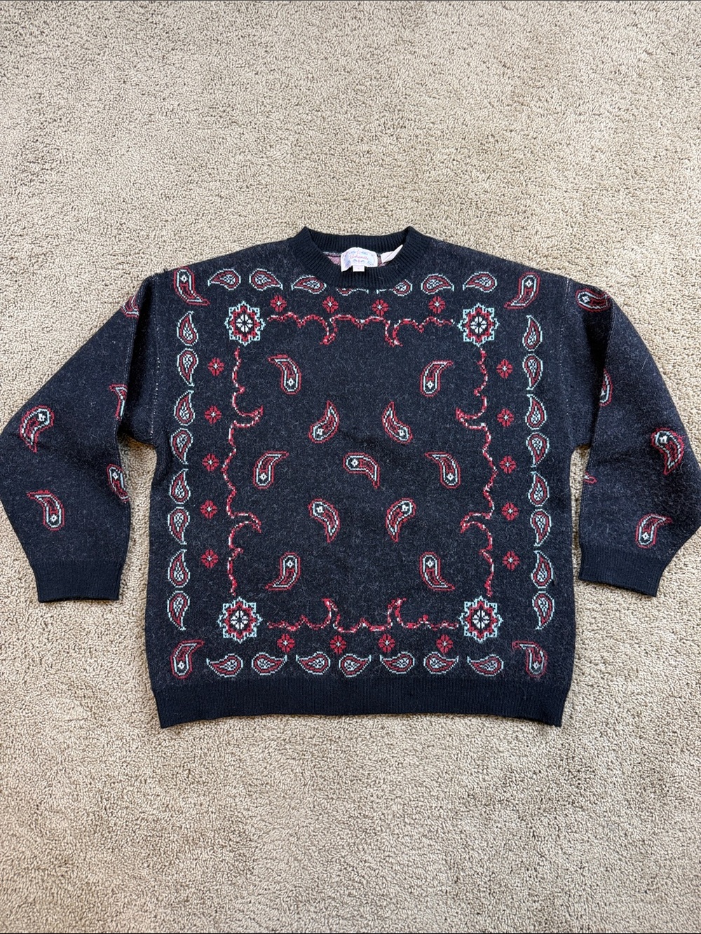 Panhandle | Vintage 90's Black Slim Bandana Knit Crewneck Sweater | L